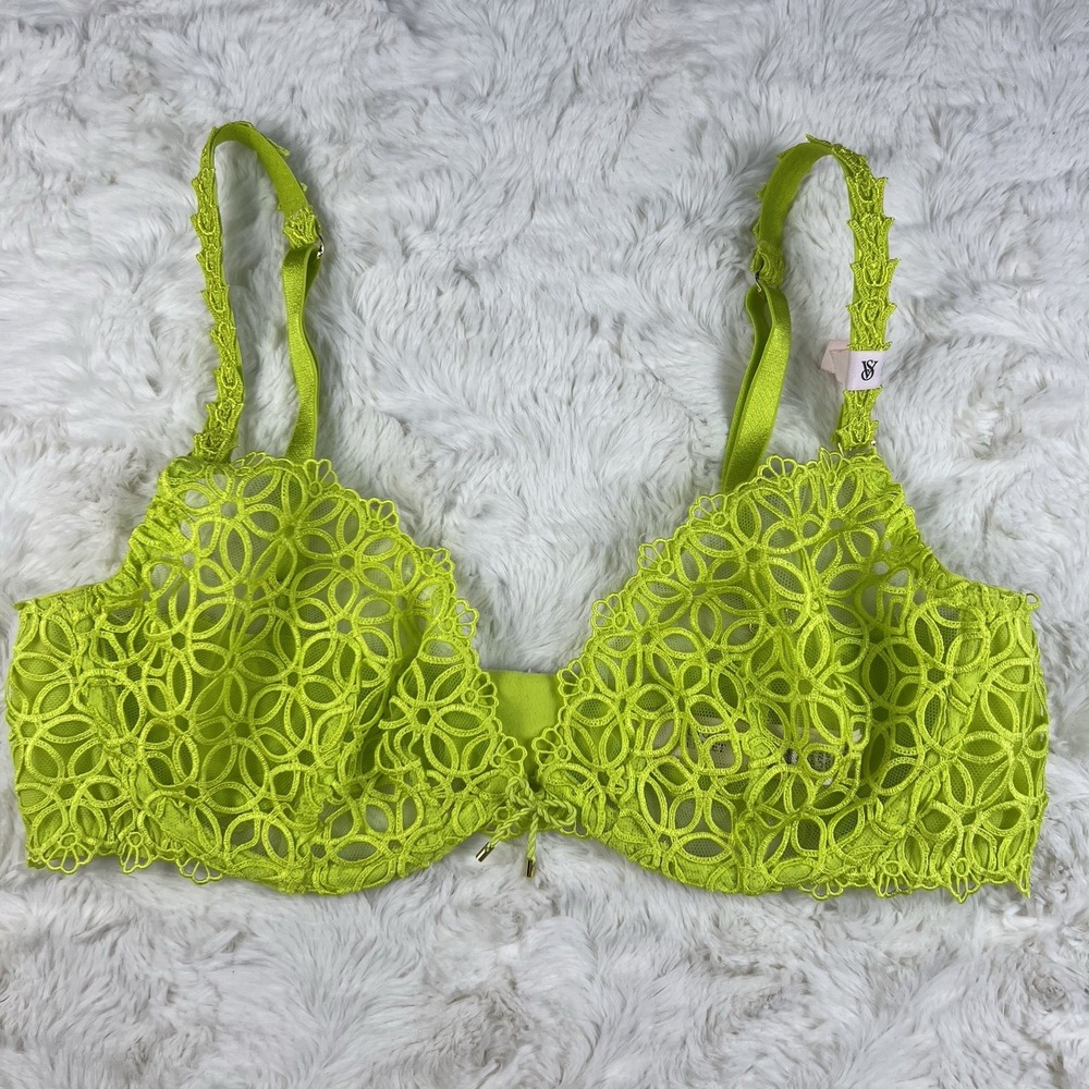 Victoria's Secret Geo Daisy Lace Balconette Unlined Bra Lime Green 34DD NWT